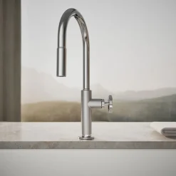 Touchless pull-down kitchen sink faucet with two-function sprayhead