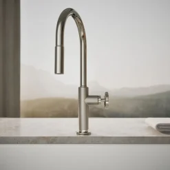 Touchless pull-down kitchen sink faucet with two-function sprayhead