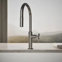 Touchless pull-down kitchen sink faucet with two-function sprayhead