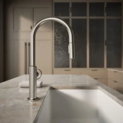 Touchless pull-down kitchen sink faucet with two-function sprayhead