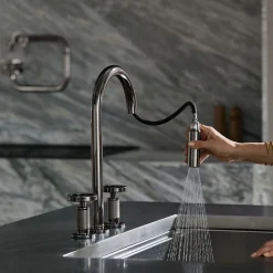 Touchless pull-down kitchen sink faucet with two-function sprayhead