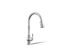 Touchless pull-down kitchen sink faucet with three-function sprayhead