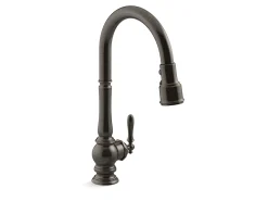 Touchless pull-down kitchen sink faucet with three-function sprayhead