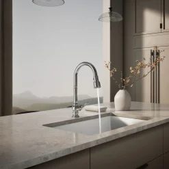 Touchless pull-down kitchen sink faucet with three-function sprayhead