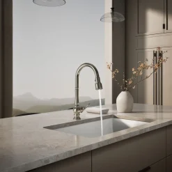 Touchless pull-down kitchen sink faucet with three-function sprayhead