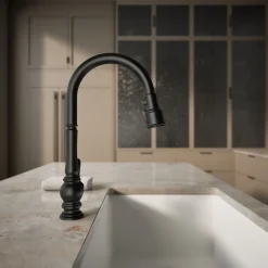 Touchless pull-down kitchen sink faucet with three-function sprayhead