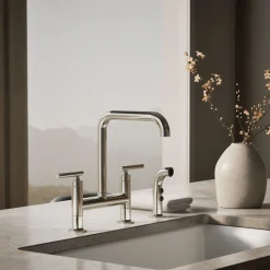 Two-hole bridge kitchen sink faucet with side sprayer