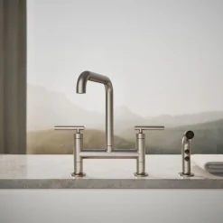 Two-hole bridge kitchen sink faucet with side sprayer
