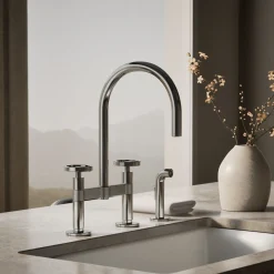 Two-hole bridge kitchen sink faucet with side sprayer