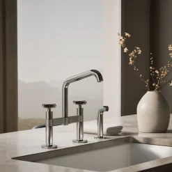 Two-hole bridge kitchen sink faucet with side sprayer