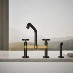 Two-hole bridge kitchen sink faucet with side sprayer
