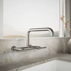 Two-hole wall-mount bridge kitchen sink faucet