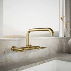 Two-hole wall-mount bridge kitchen sink faucet