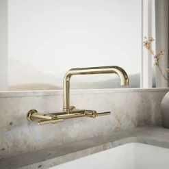 Two-hole wall-mount bridge kitchen sink faucet