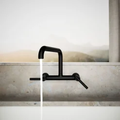 Two-hole wall-mount bridge kitchen sink faucet