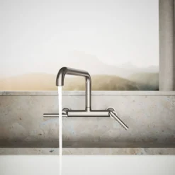 Two-hole wall-mount bridge kitchen sink faucet