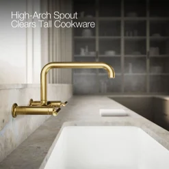 Two-hole wall-mount bridge kitchen sink faucet