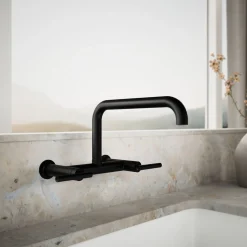 Two-hole wall-mount bridge kitchen sink faucet