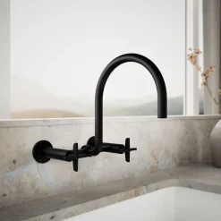 Two-hole wall-mount bridge kitchen sink faucet