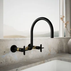 Two-hole wall-mount bridge kitchen sink faucet