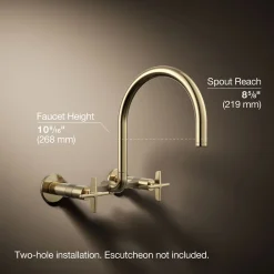 Two-hole wall-mount bridge kitchen sink faucet