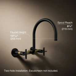Two-hole wall-mount bridge kitchen sink faucet