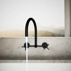 Two-hole wall-mount bridge kitchen sink faucet