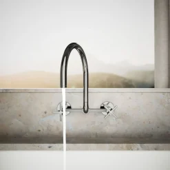 Two-hole wall-mount bridge kitchen sink faucet