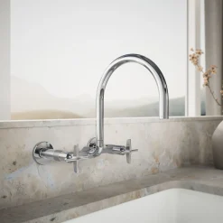 Two-hole wall-mount bridge kitchen sink faucet