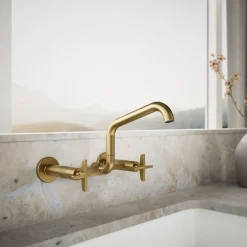 Two-hole wall-mount bridge kitchen sink faucet