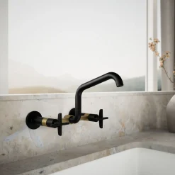 Two-hole wall-mount bridge kitchen sink faucet