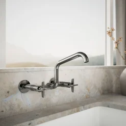 Two-hole wall-mount bridge kitchen sink faucet