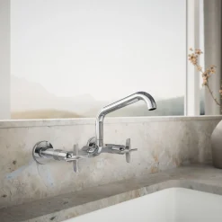 Two-hole wall-mount bridge kitchen sink faucet