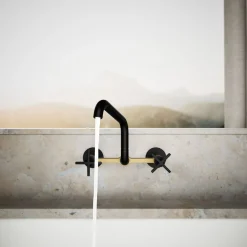 Two-hole wall-mount bridge kitchen sink faucet