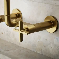 Two-hole wall-mount bridge kitchen sink faucet