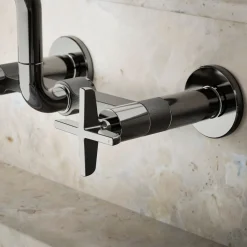 Two-hole wall-mount bridge kitchen sink faucet