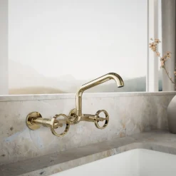 Two-hole wall-mount bridge kitchen sink faucet
