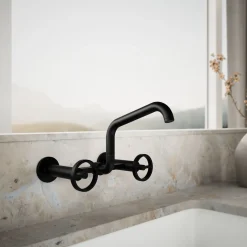 Two-hole wall-mount bridge kitchen sink faucet