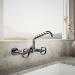 Two-hole wall-mount bridge kitchen sink faucet