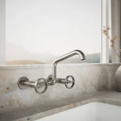 Two-hole wall-mount bridge kitchen sink faucet