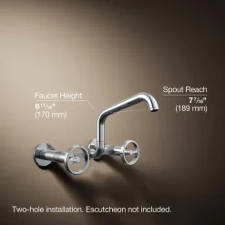 Two-hole wall-mount bridge kitchen sink faucet