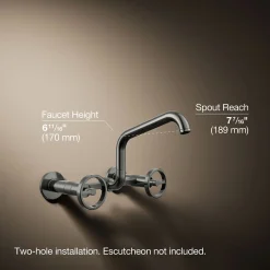 Two-hole wall-mount bridge kitchen sink faucet