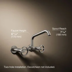 Two-hole wall-mount bridge kitchen sink faucet