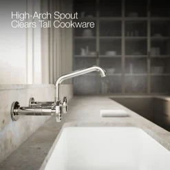 Two-hole wall-mount bridge kitchen sink faucet