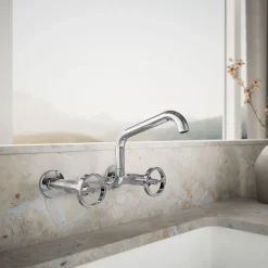 Two-hole wall-mount bridge kitchen sink faucet