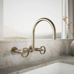 Two-hole wall-mount bridge kitchen sink faucet