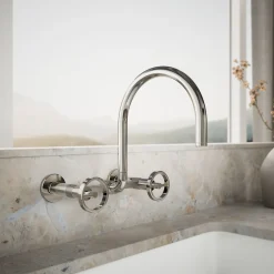 Two-hole wall-mount bridge kitchen sink faucet
