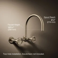 Two-hole wall-mount bridge kitchen sink faucet