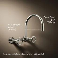 Two-hole wall-mount bridge kitchen sink faucet