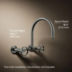 Two-hole wall-mount bridge kitchen sink faucet